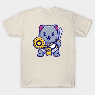 Cute Cat Gladiator Warrior Holding Sword And Shield Cartoon T-Shirt